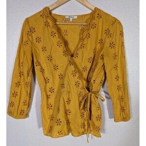 Madewell XS Mustard Yellow Scalloped Eyelet Wrap Top Fall Fave Tie V-neck Mb